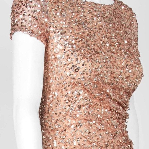 NWT $299 Adrianna Papell Sequin‎ Cowl Back Gown in Rose Gold [PETITE 2P ] - Picture 2 of 10